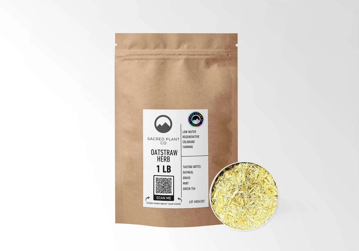 Sacred Plant Co Organic Oatstraw 1 LB kraft stand-up pouch shown with a sample of the herb.