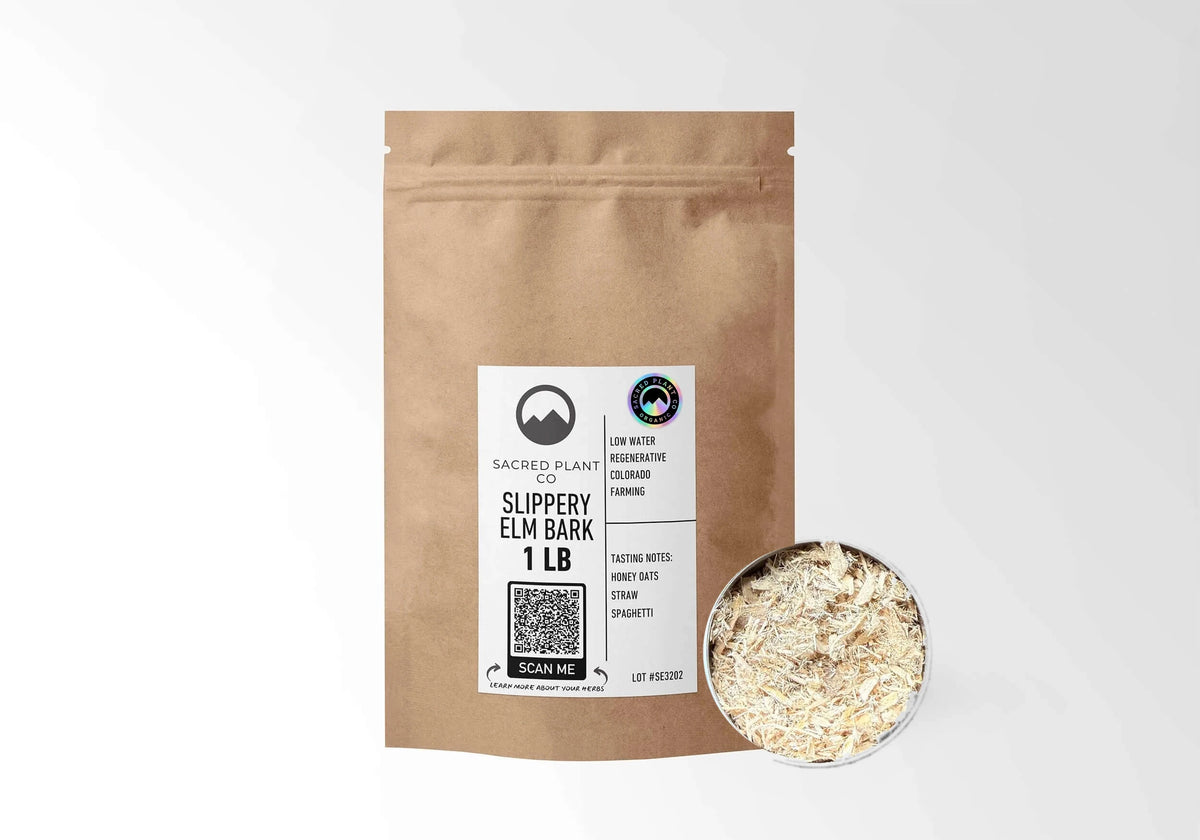 Sacred Plant Co Organic Slippery Elm Bark 1 LB kraft stand-up pouch shown with a sample of the herb.