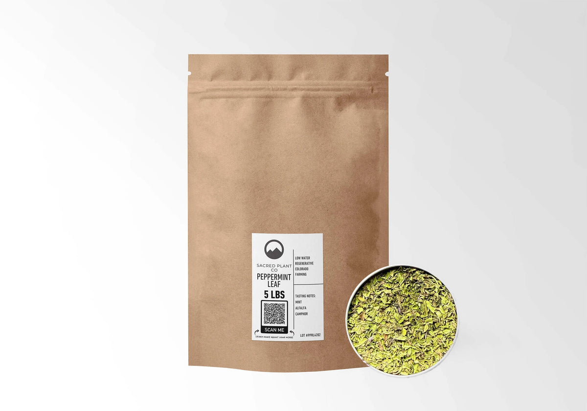 Sacred Plant Co Peppermint Leaf 5 LBS kraft stand-up pouch shown with a sample of the herb.