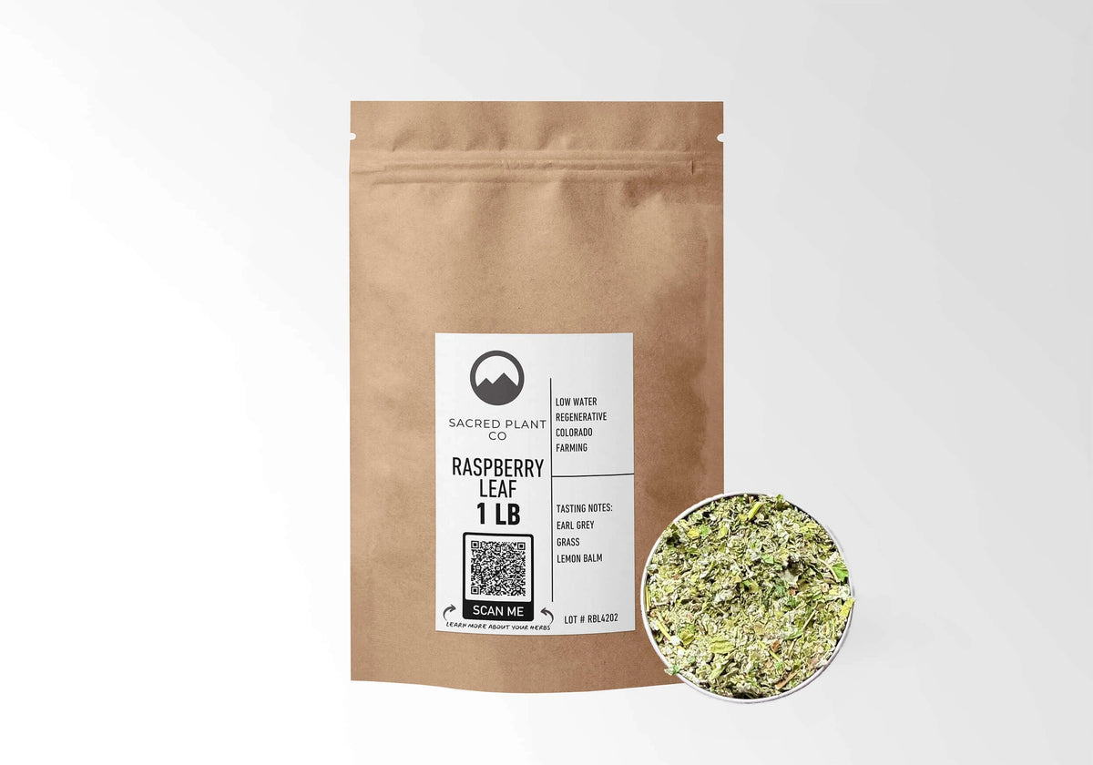 Sacred Plant Co Raspberry Leaf 1 LB kraft stand-up pouch shown with a sample of the herb.