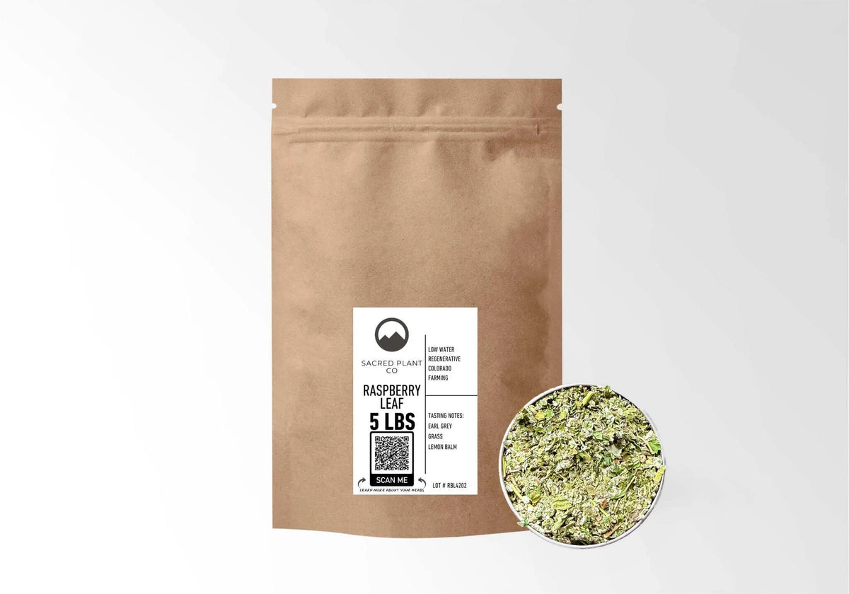 Sacred Plant Co Raspberry Leaf 5 LBS kraft stand-up pouch shown with a sample of the herb.