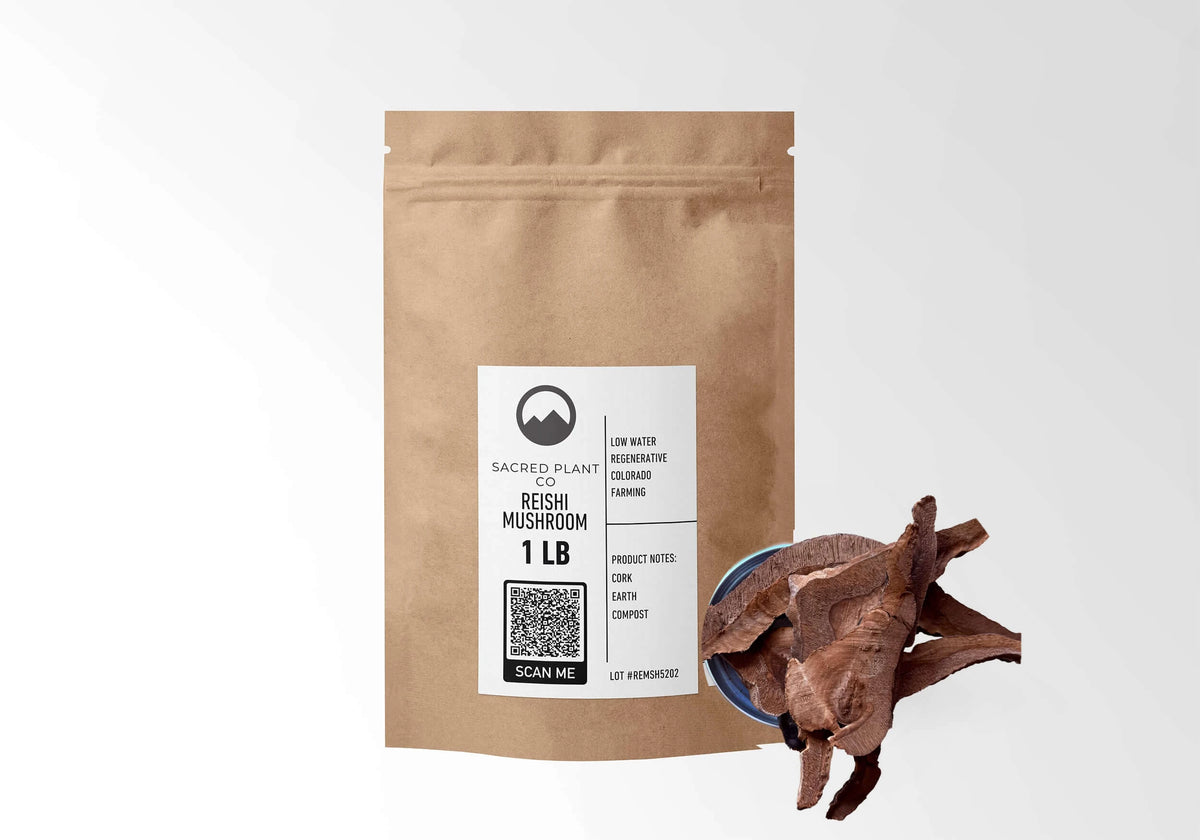 Sacred Plant Co Reishi Mushroom 1 LB kraft stand-up pouch shown with a sample of the mushroom slices.