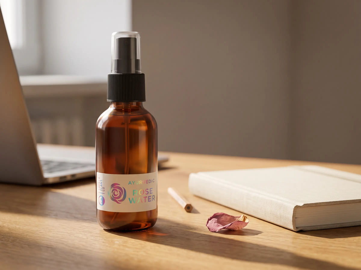 Sacred Plant Co rose hydrosol mist on a wooden desk beside a linen notebook, pencil and a single dried rose petal.