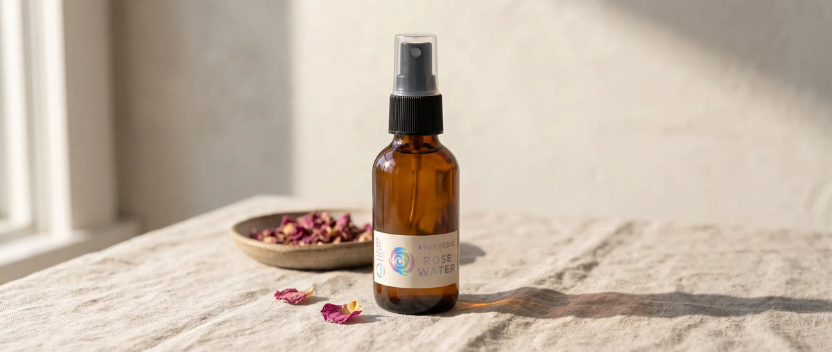 Wide view of Sacred Plant Co rose hydrosol on sunlit linen with dried rose petals.
