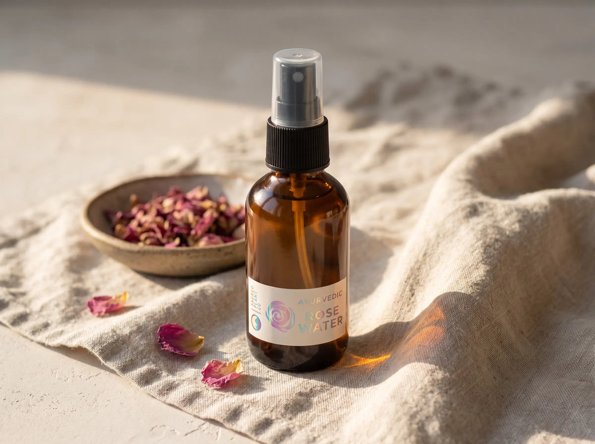 Sacred Plant Co rose hydrosol in a 2 oz amber glass spray bottle on linen, beside a stoneware dish of dried rose petals.