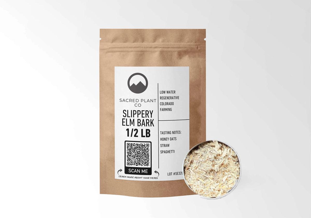 Sacred Plant Co Slippery Elm Bark 1/2 LB kraft stand-up pouch shown with a sample of the herb.