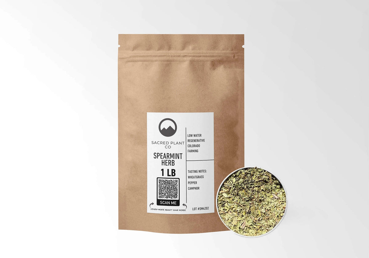 Sacred Plant Co Spearmint Leaf 1 LB kraft stand-up pouch shown with a sample of the herb.