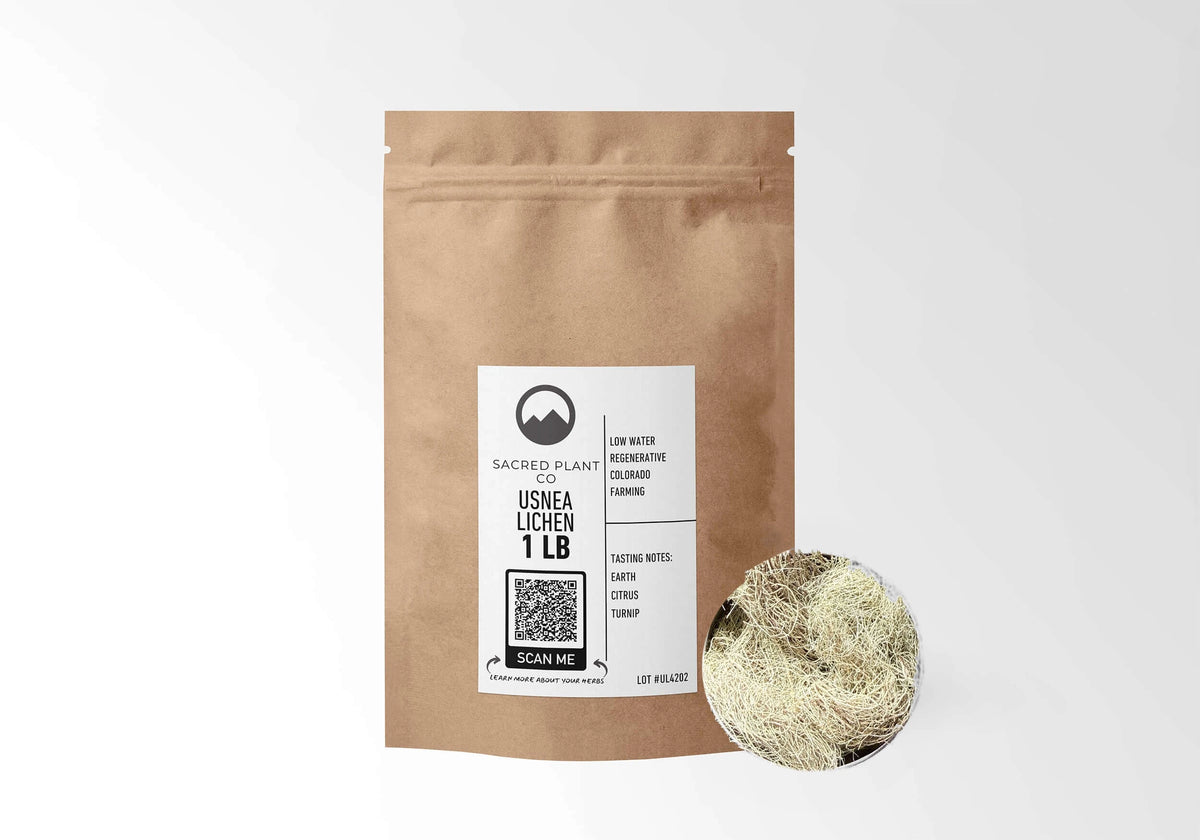Sacred Plant Co Usnea Lichen 1 LB kraft stand-up pouch shown with a sample of the lichen.