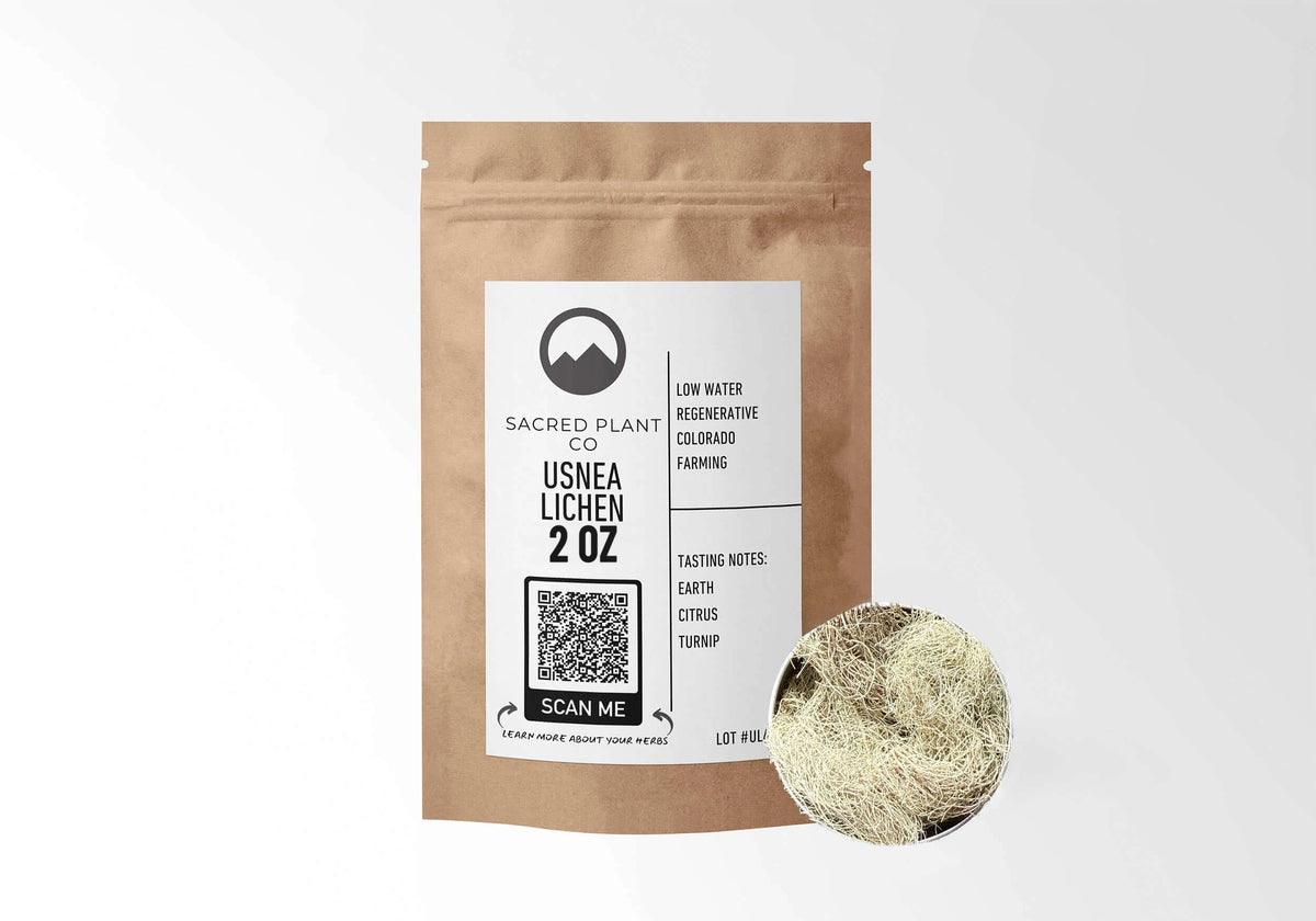 Sacred Plant Co Usnea Lichen 2 oz in a kraft stand-up pouch with a sample in a silver tin.