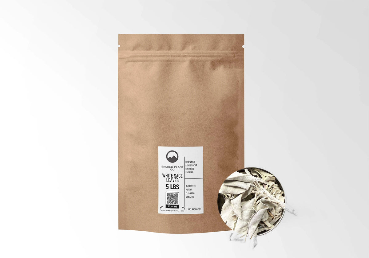 Sacred Plant Co White Sage 5 LBS kraft stand-up pouch shown with a sample of the herb.
