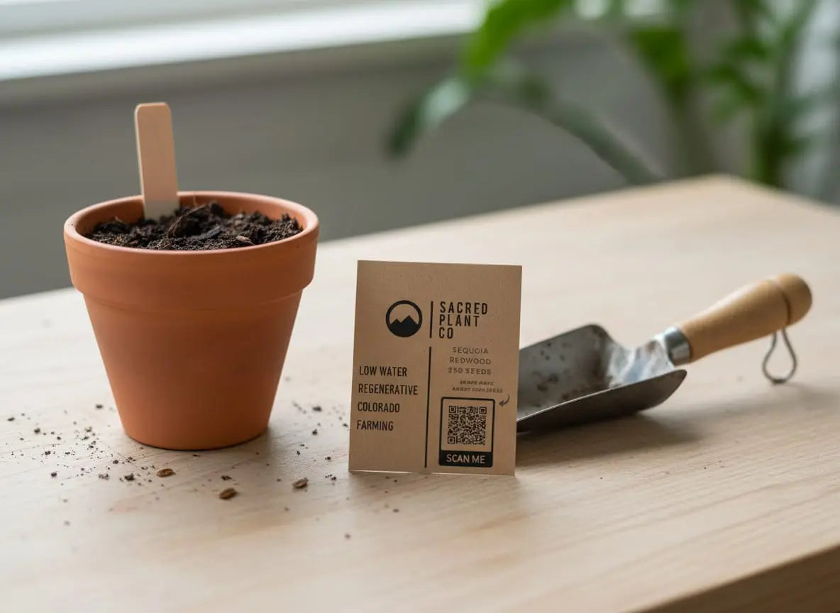Sacred Plant Co Giant Sequoia seed packet displayed in a planting setup with pot and soil.