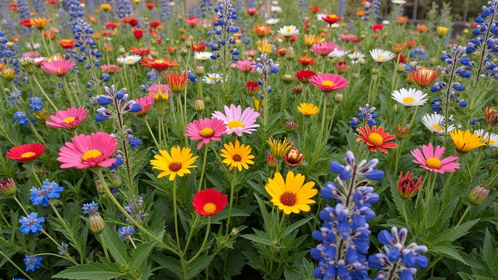 Southwest Wildflower Mix plug trays showing multicolored heat-tolerant wildflower seedlings ready for planting