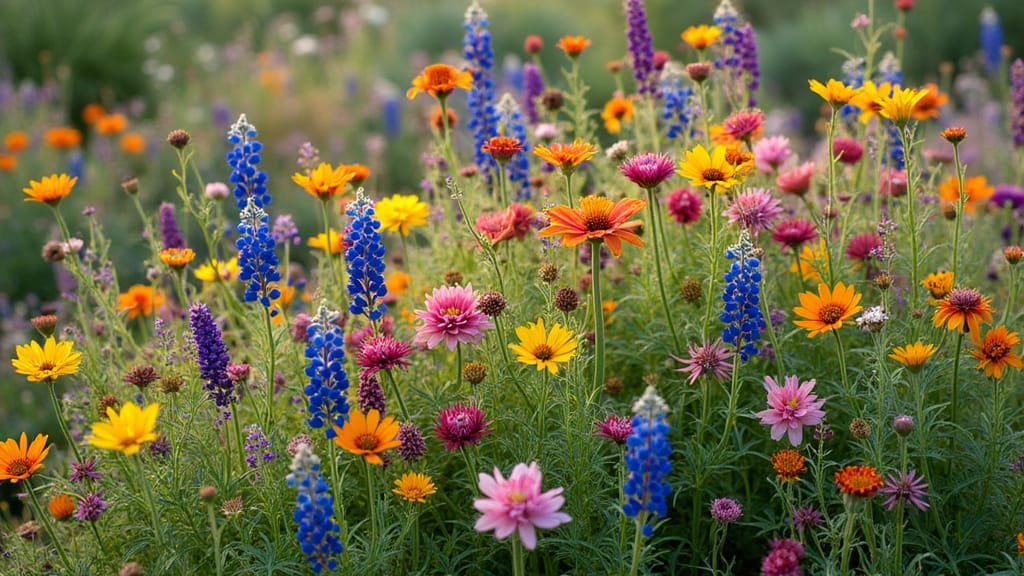 Meadow view of Southwest Wildflower Mix with tall blue lupine and clusters of orange daisies in a low-elevation field