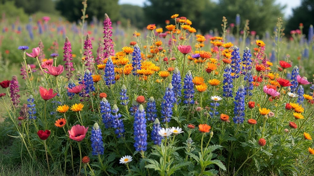 Garden bed of Southwest Wildflower Mix featuring bright yellow-orange daisies, pink blossoms and blue lupine