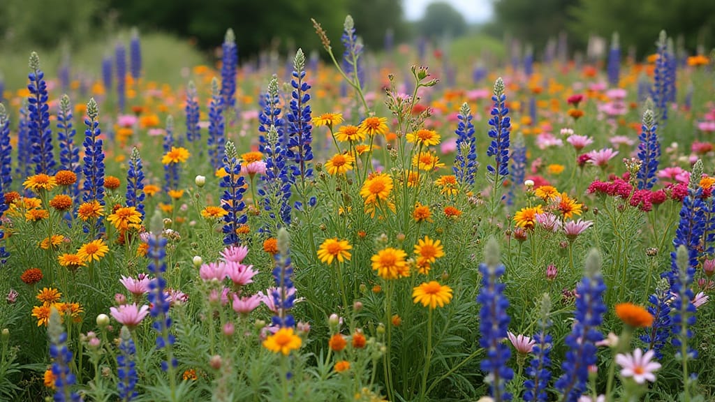 Close-up of heat-tolerant Southwest Wildflower Mix blooms: yellow, pink and purple wildflowers