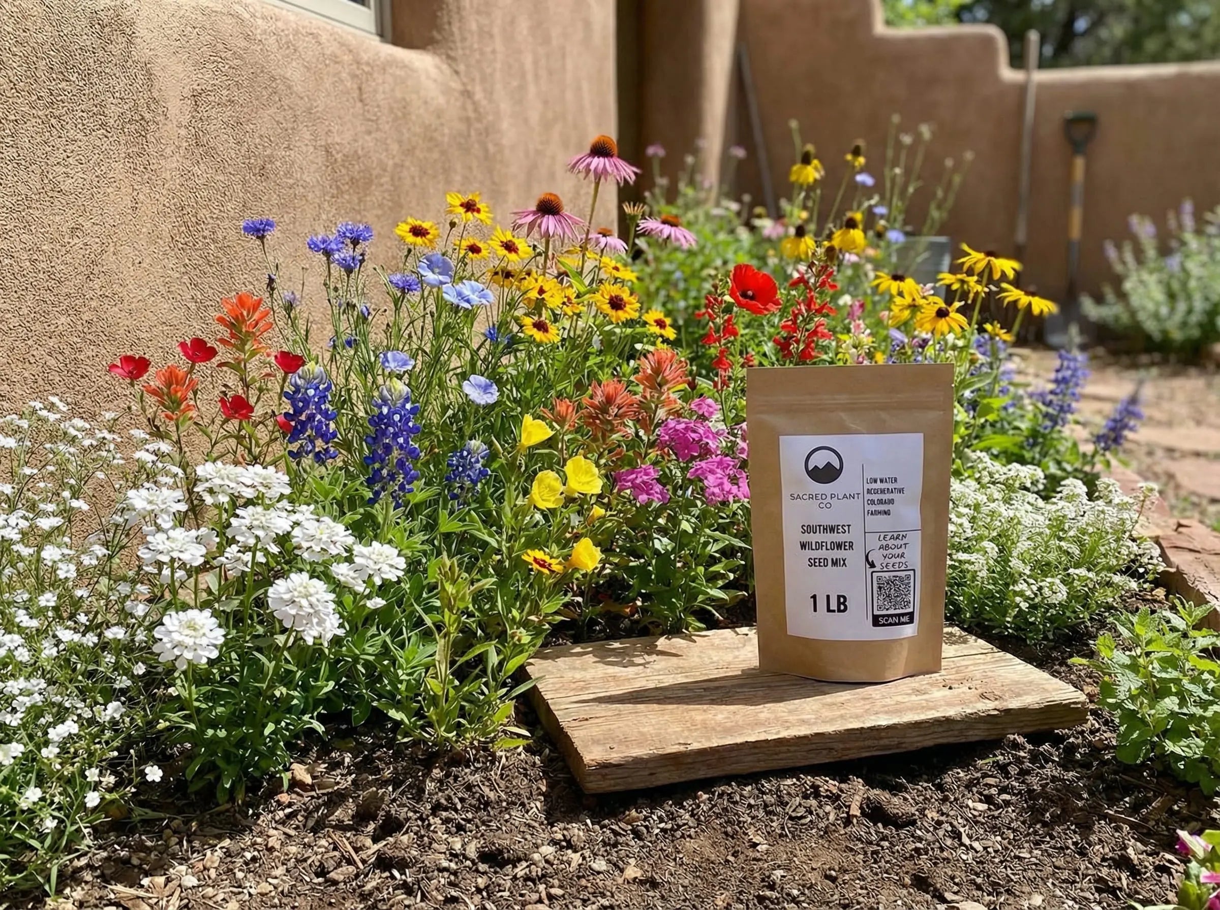 Southwest wildflower seed mix in bloom—coreopsis, gaillardia, blue flax, baby’s breath, phlox, poppies, echinacea—growing in front of an adobe home with Sacred Plant Co’s 1 lb seed mix bag displayed.