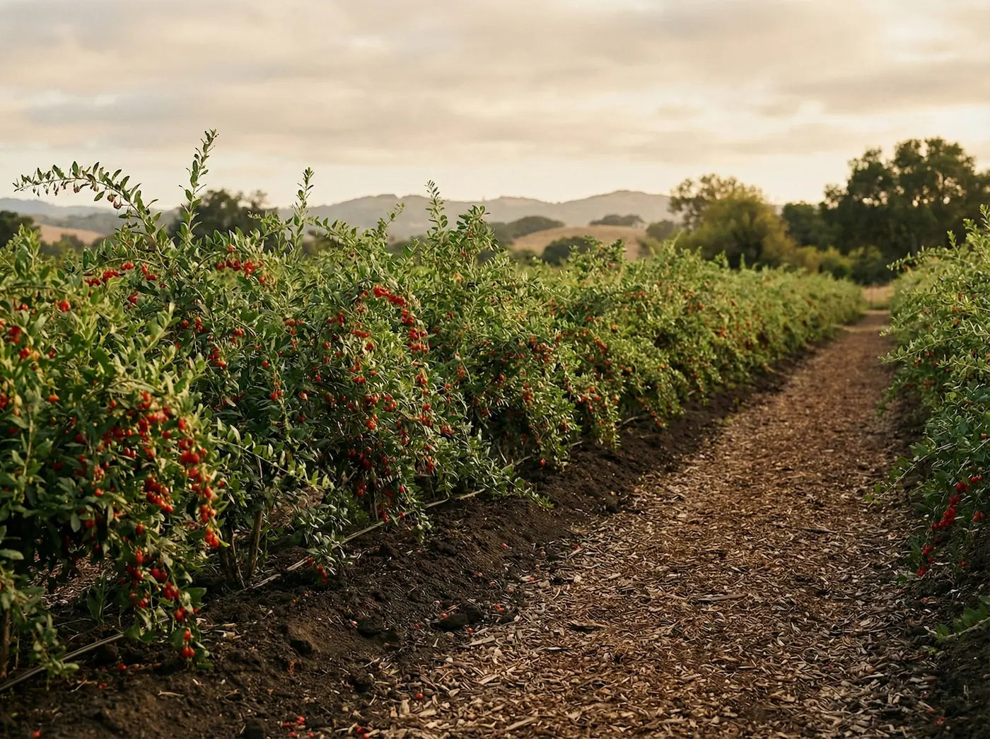 Sustainably grown Goji berry bushes cultivated in deep, carbon-rich mulch for our sweet, chewy bulk Lycii berries.