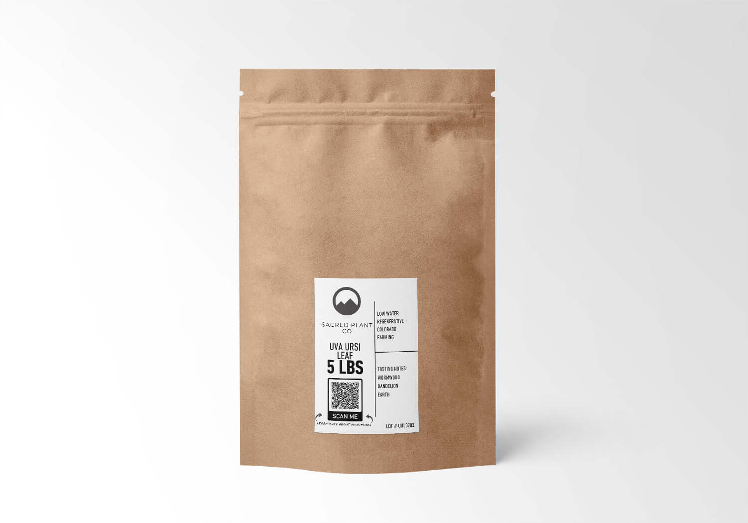 Sacred Plant Co Uva Ursi Leaf 5 LBS kraft paper packaging featuring high-quality dried herb from regenerative Colorado farming, commonly used for Urinary Tract Support.