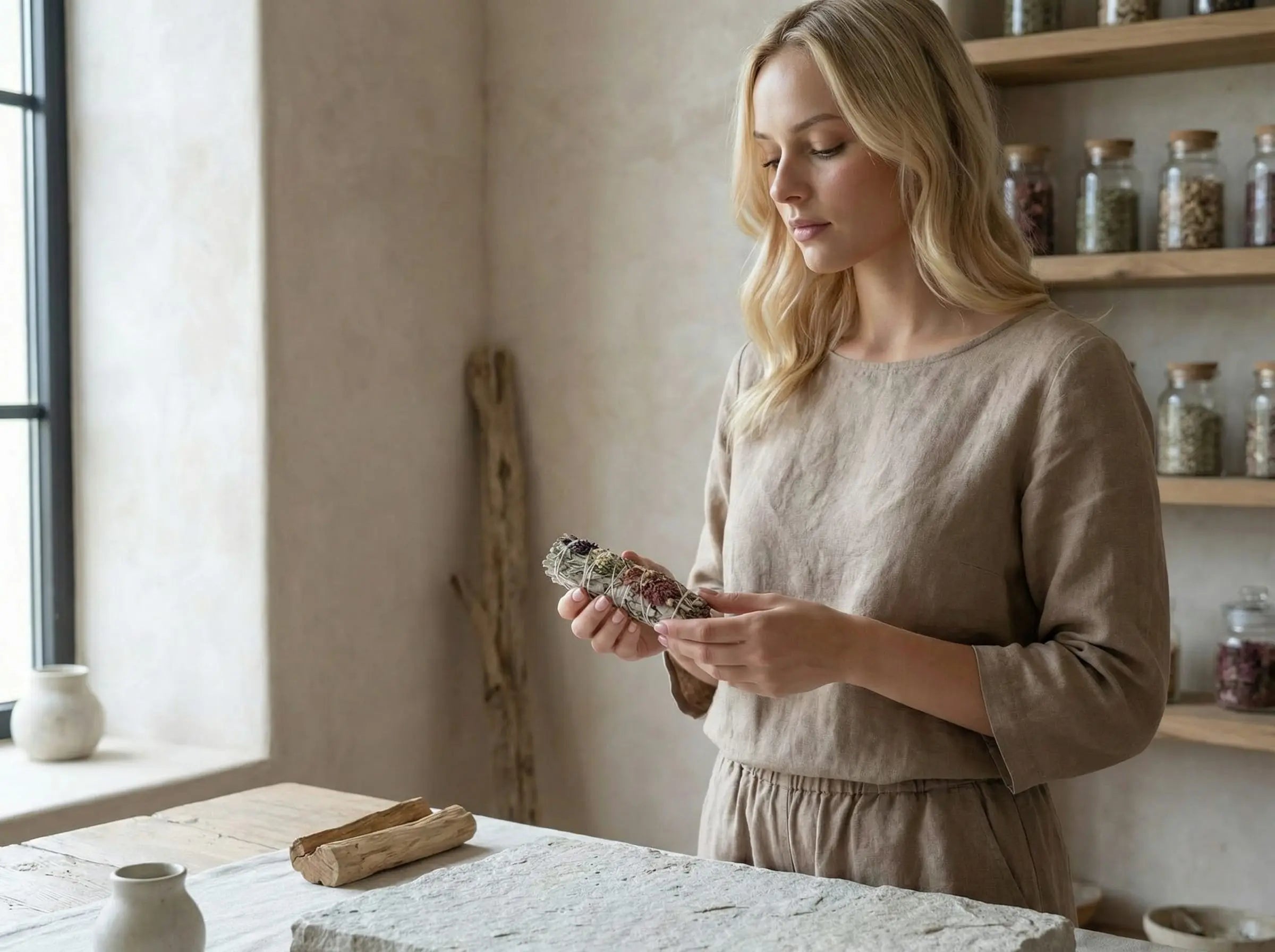 Person holding a white sage smudge stick indoors during a quiet ritual moment.