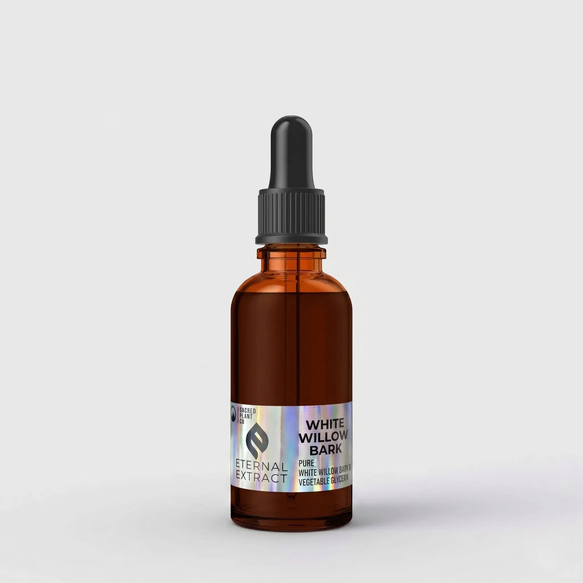 A one-ounce amber glass dropper bottle of White Willow Bark Tincture by Sacred Plant Co, featuring the holographic Eternal Extract label, isolated on a clean white background. This liquid Salix alba extract is formulated for natural pain relief and joint support.