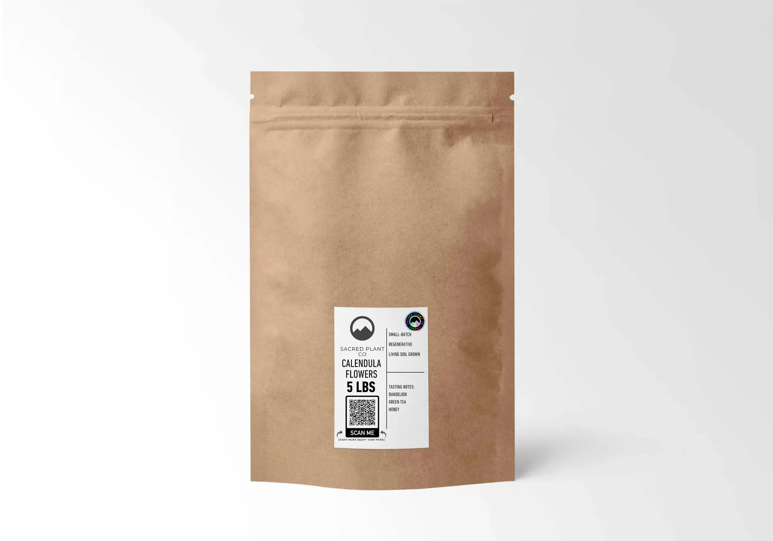 A large 5 lb bulk bag of organic Calendula flowers, designed for high-volume herbalists and commercial apothecaries.