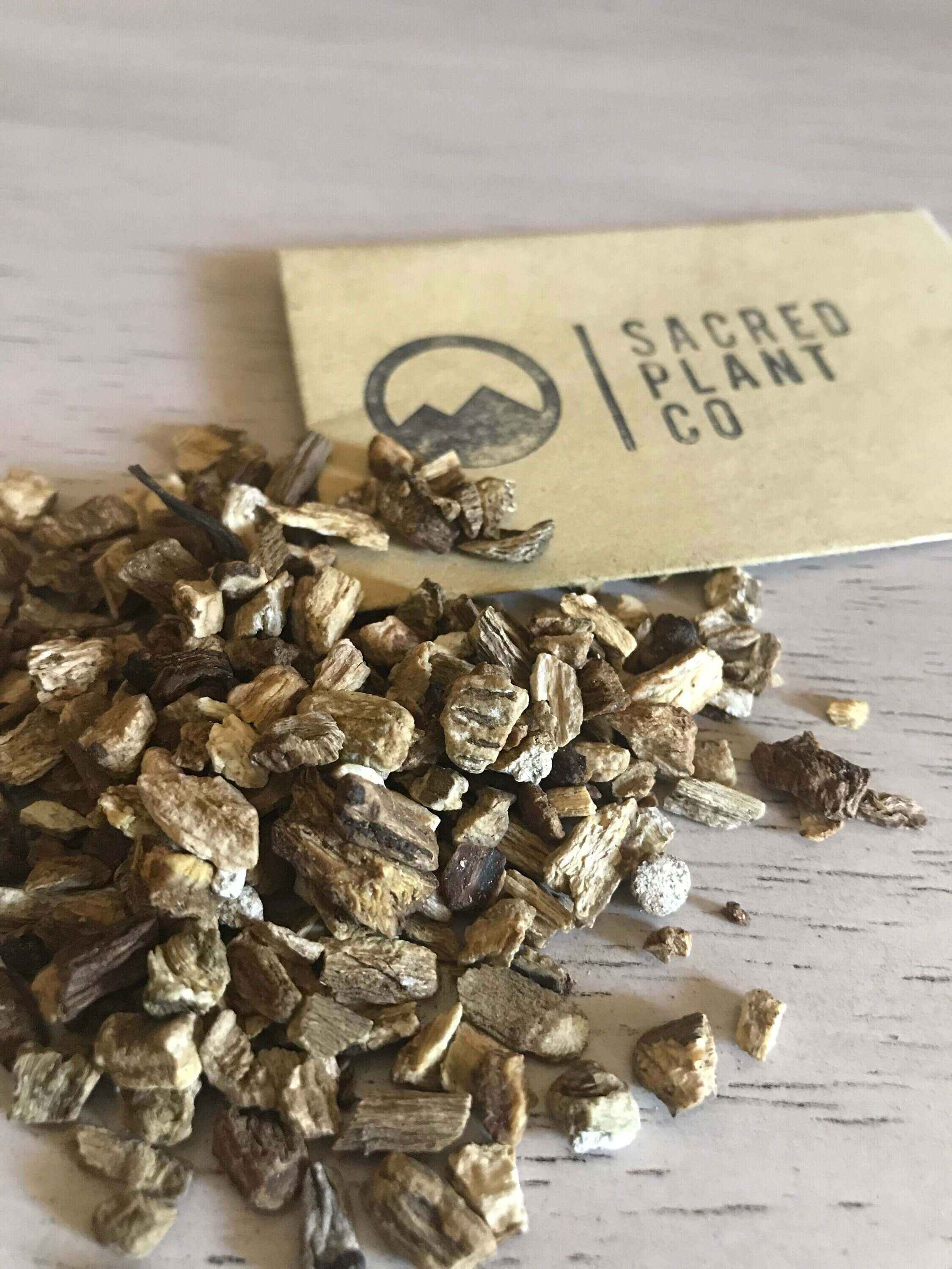 Angled view of premium Burdock Root placed beside Sacred Plant Co logo, showcasing the high-quality dried herbs.