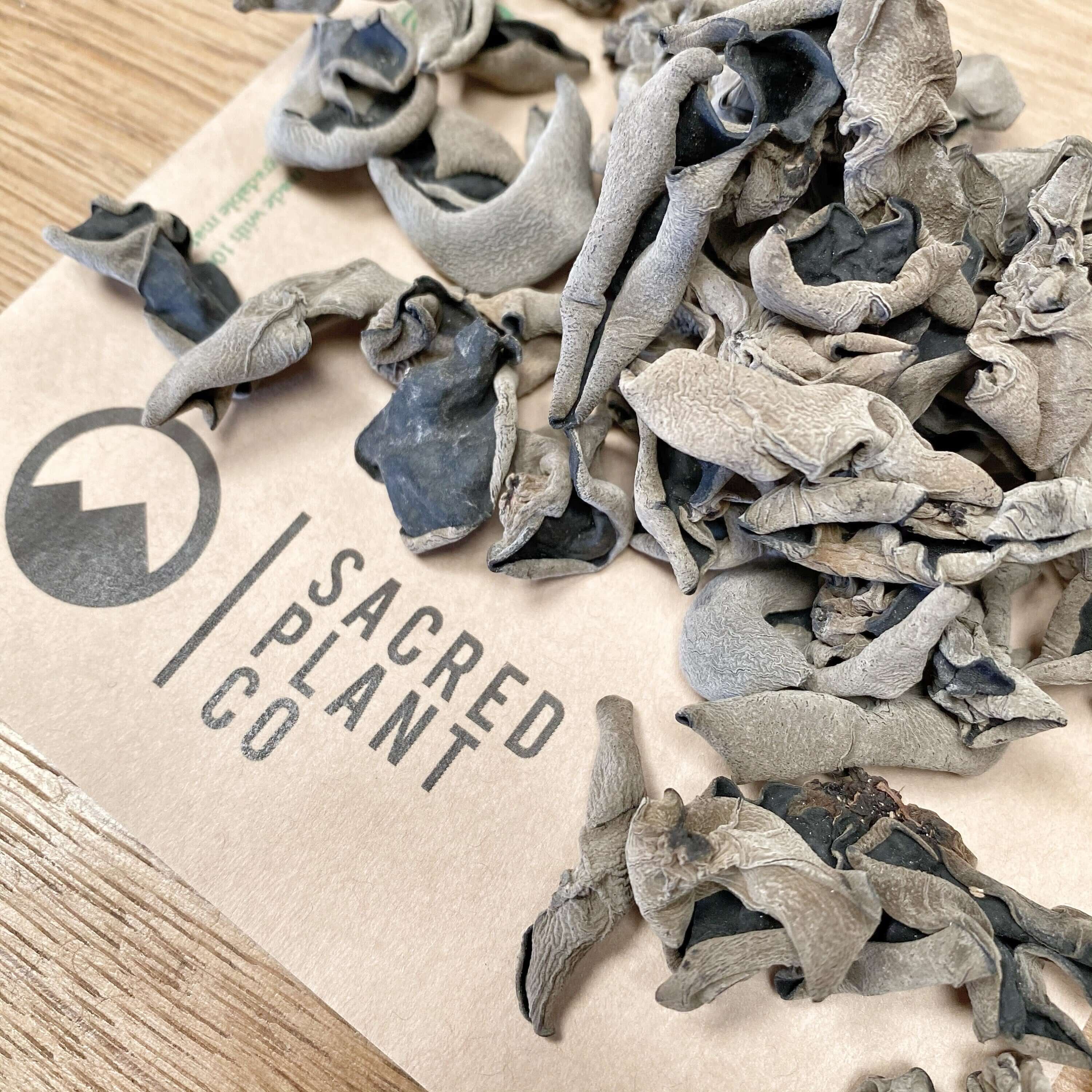 Woodear Mushroom from Sacred Plant Co, dried with a gray-black color and wrinkled texture, displayed on sustainable kraft paper packaging over a rustic wooden surface.