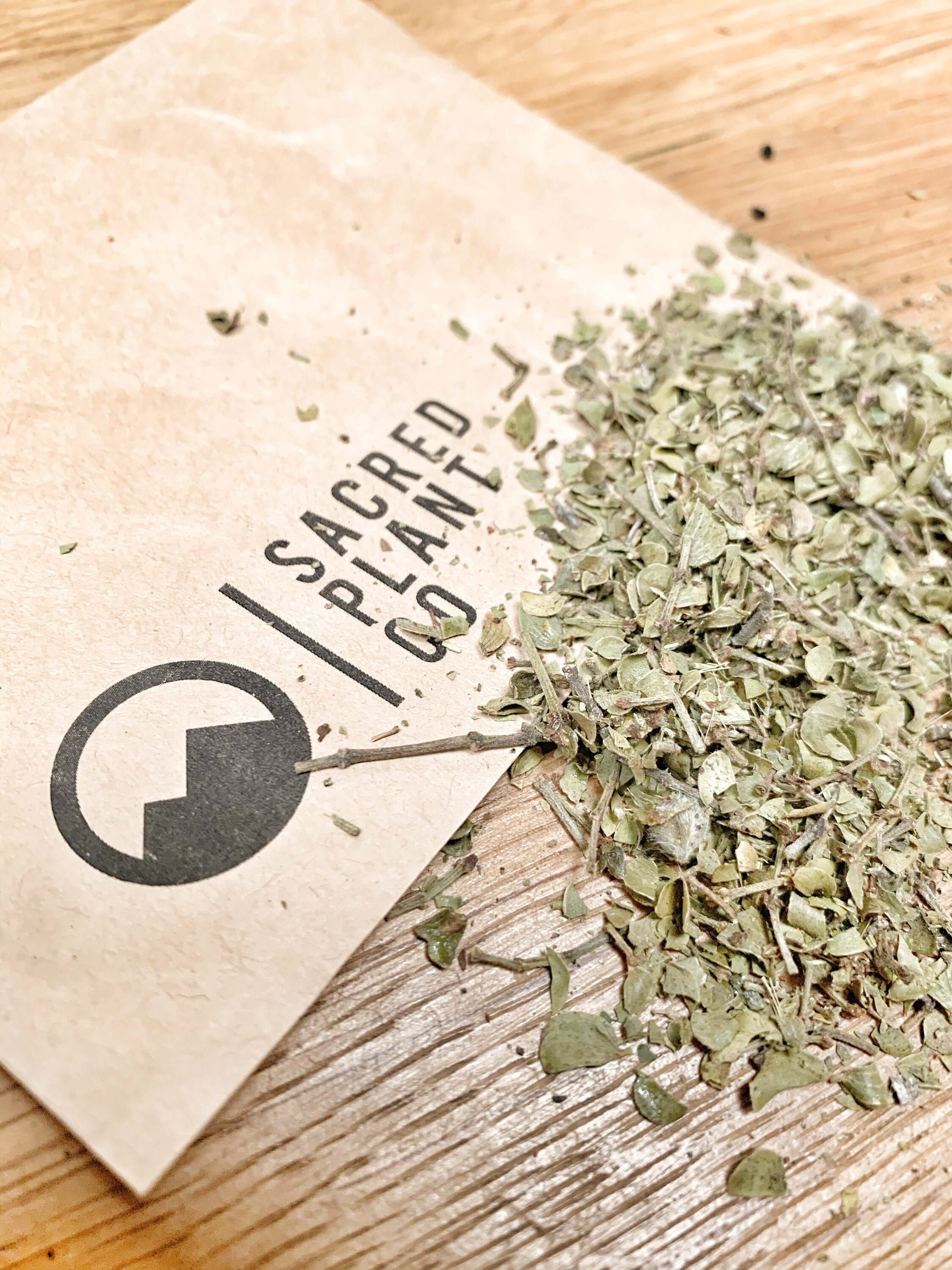 Close-up at an angled view of Sacred Plant Co Chaparral Leaf, featuring earthy green color and rough texture on a natural kraft paper logo background.