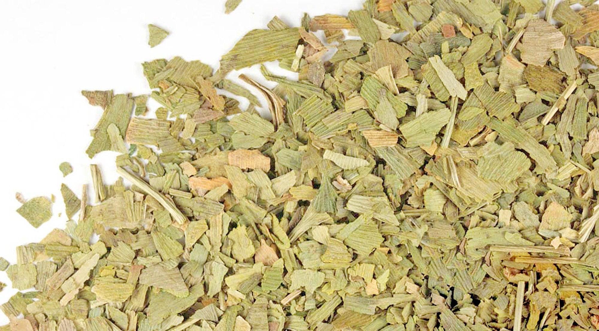 Premium dried Ginkgo Biloba leaves from Sacred Plant Co, finely cut and displayed on a clean white surface.