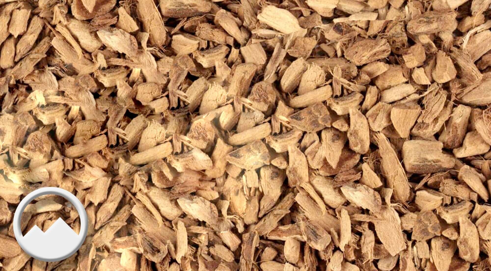 Close-up of chopped Calamus Root pieces with a warm, earthy texture, showcasing their beige color and rough surface, Sacred Plant Co logo overlayed.