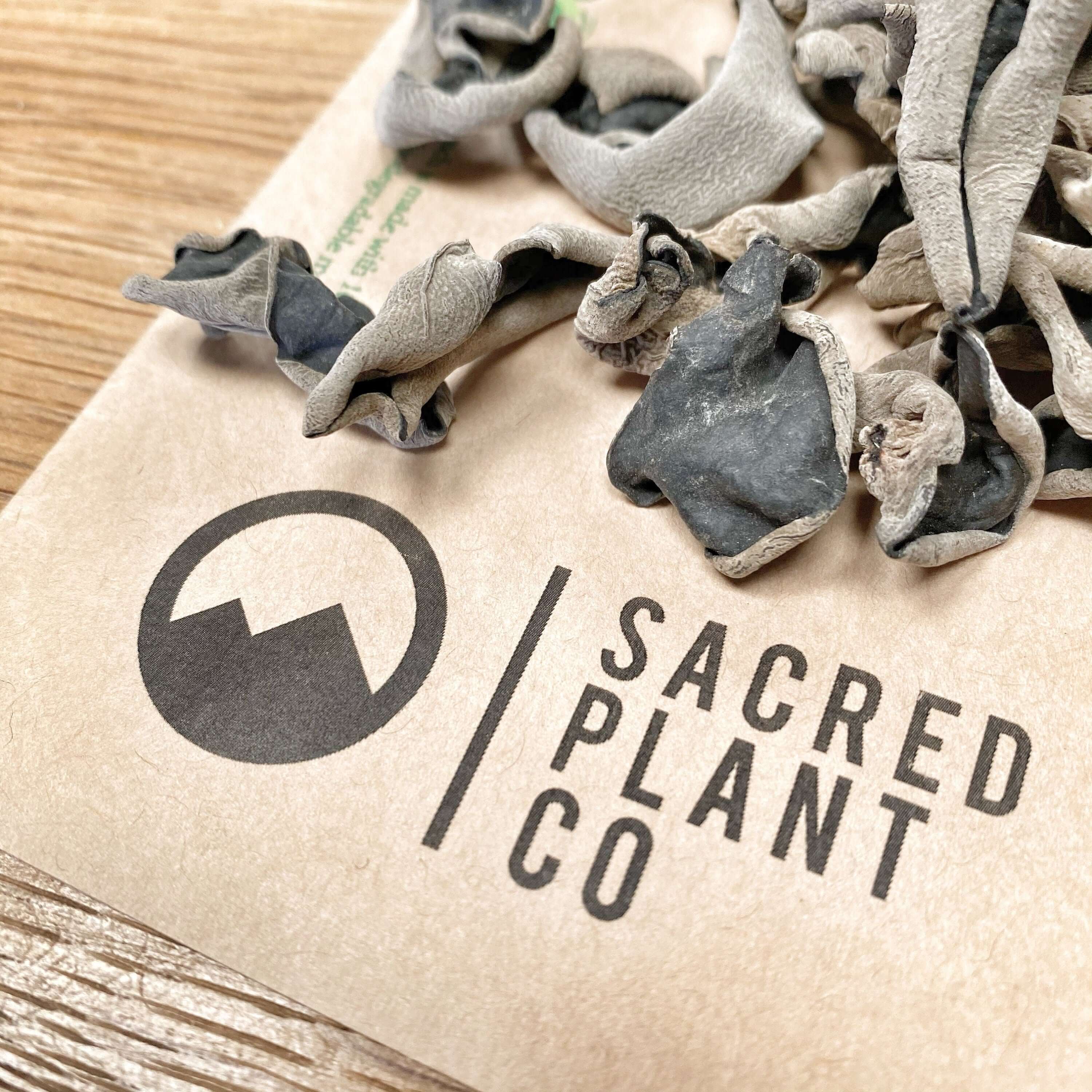 Dried Woodear Mushroom from Sacred Plant Co, with a unique gray-black color and curly texture, showcased on kraft paper packaging against a wooden background.