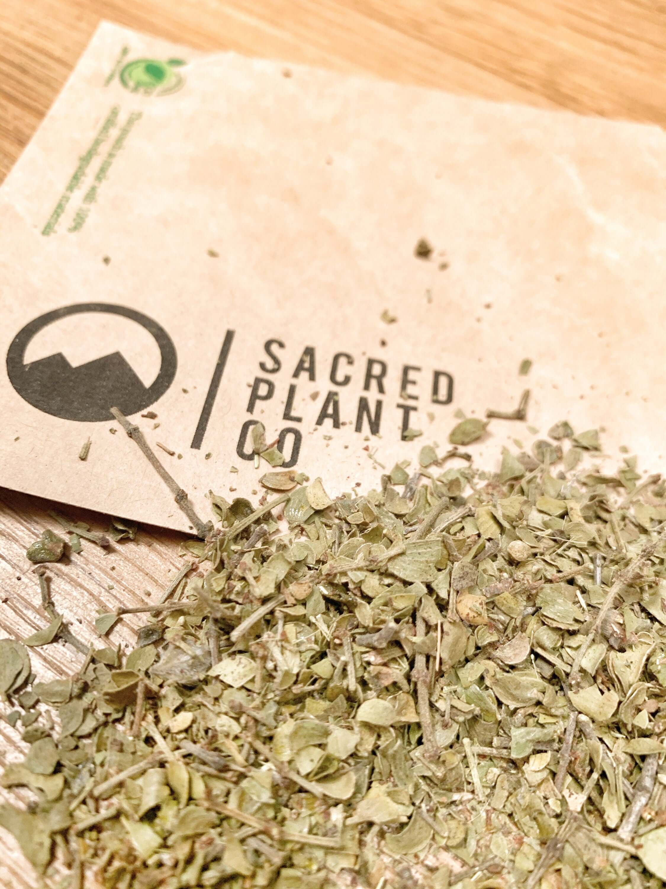 Organic herbs from Sacred Plant Co, Chaparral Leaf featuring crisp green leaves and eco-friendly packaging, emphasizing high-quality natural products.