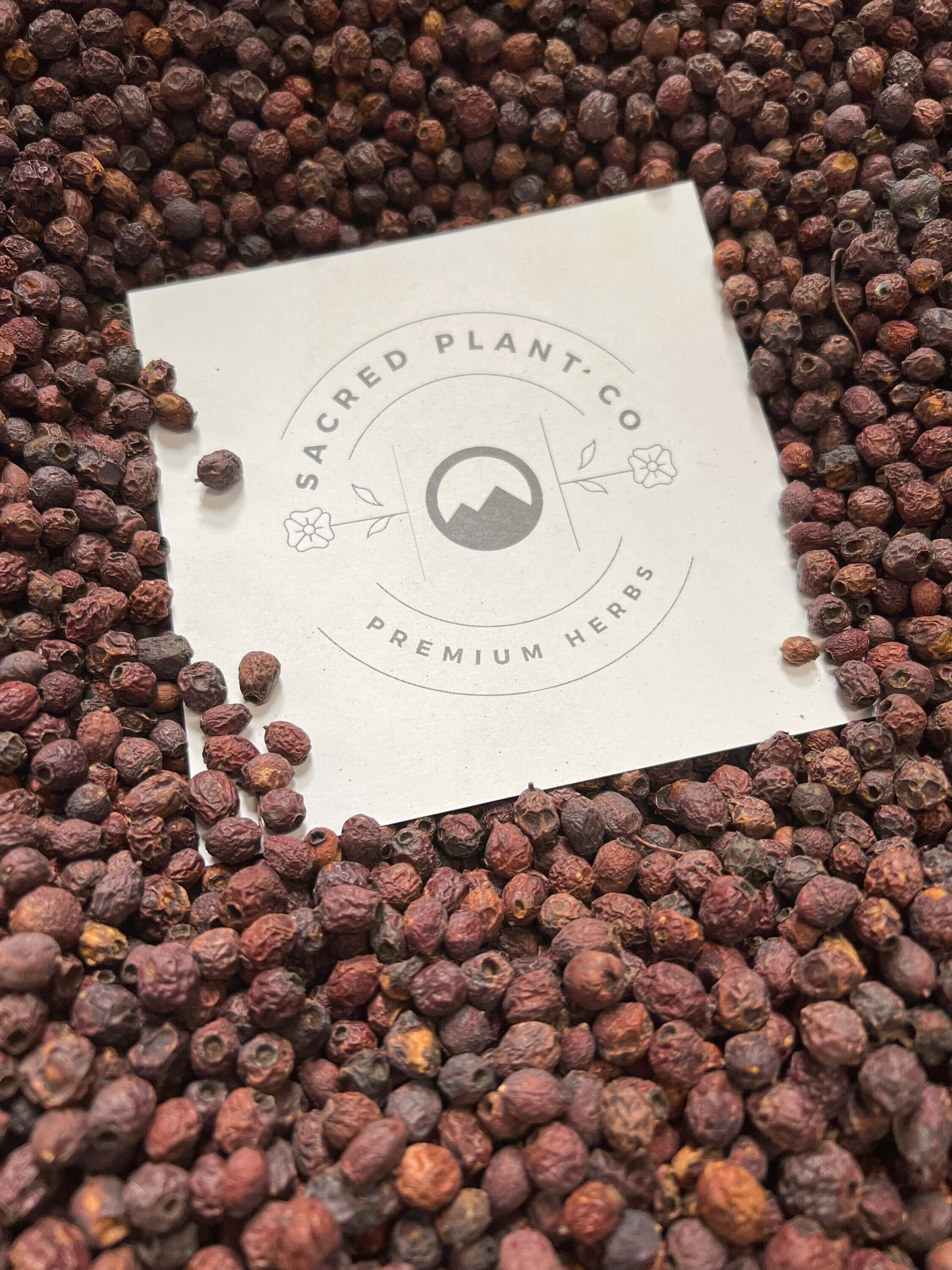 Vibrant red Hawthorn Berries encircle Sacred Plant Co’s logo, emphasizing the rich texture and premium quality of the herbs.