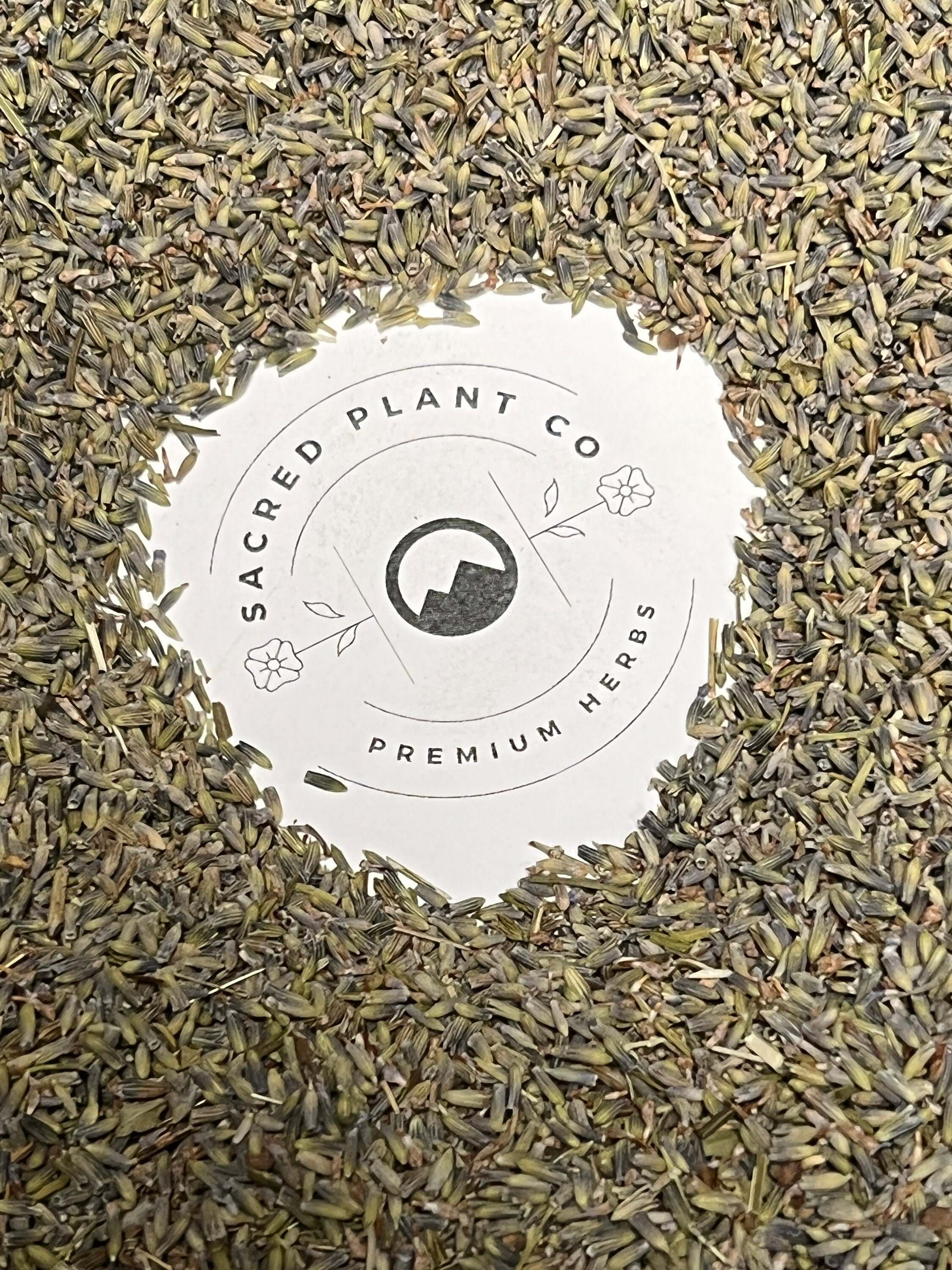 A close-up of premium dried Lavender buds surrounding the Sacred Plant Co logo, highlighting the herb’s purity and quality.