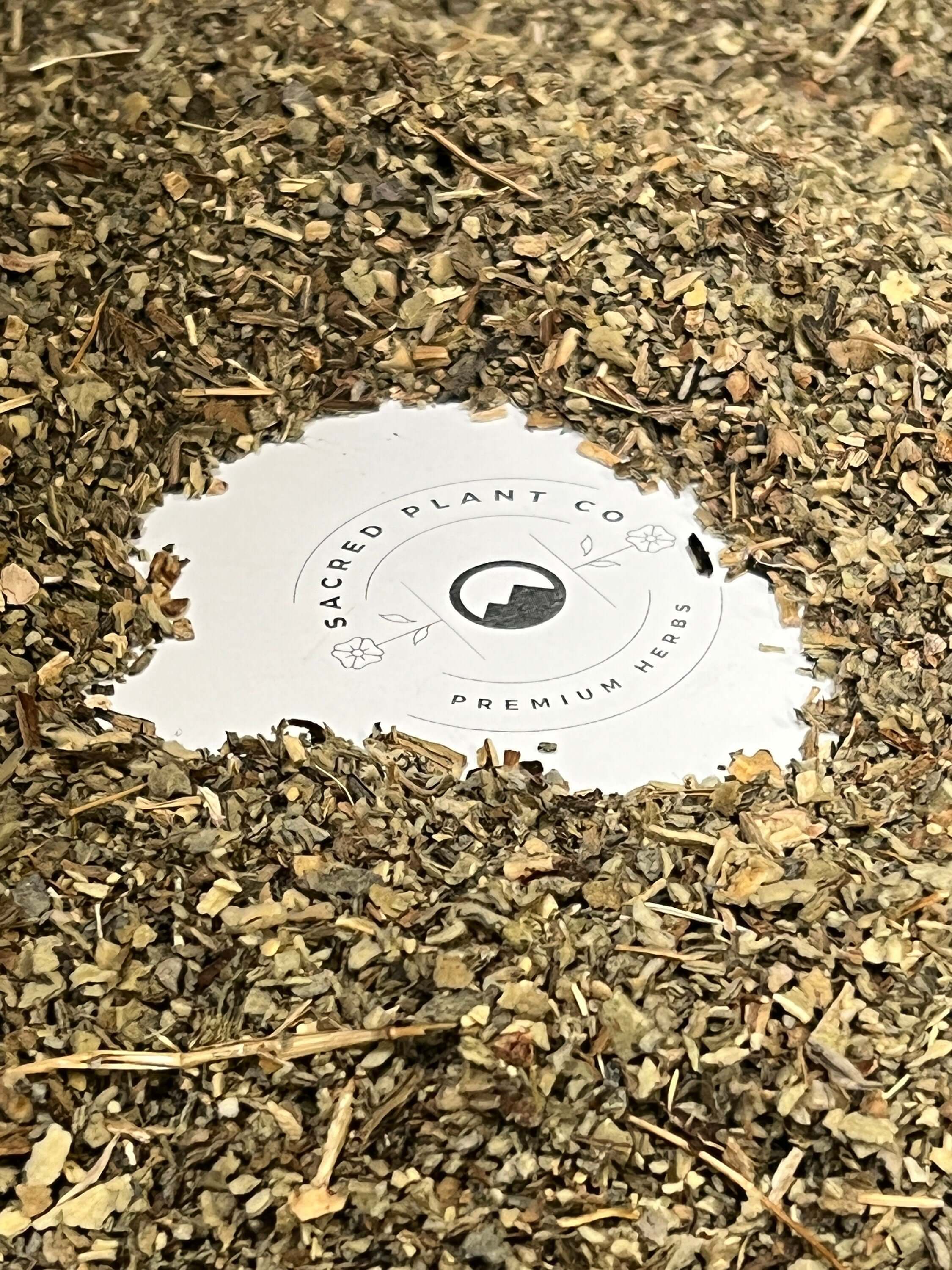 Dried Mullein Leaf in natural tones, spread around Sacred Plant Co logo, illustrating premium, organic herbs for wellness.