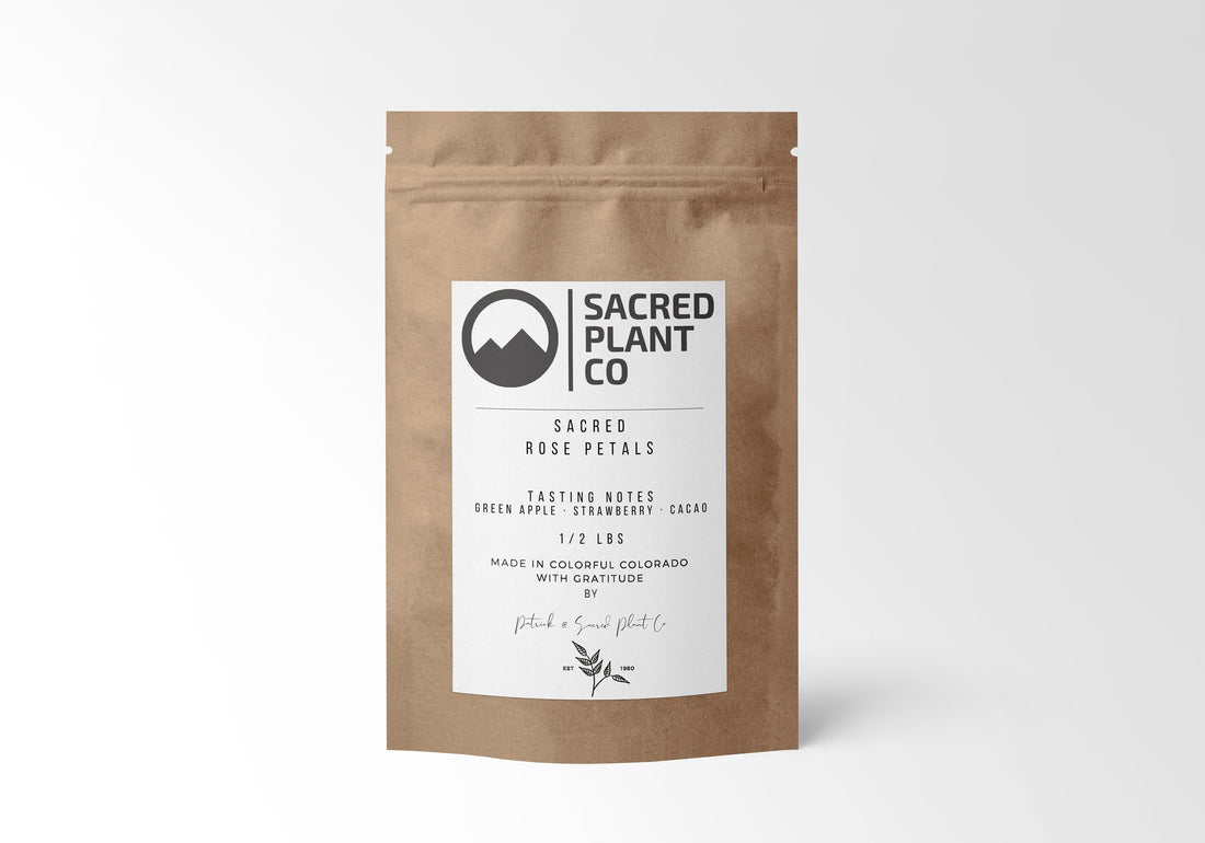 Half-pound kraft pouch of premium dried rose petals by Sacred Plant Co with distinctive tasting notes, perfect for culinary and decorative uses.