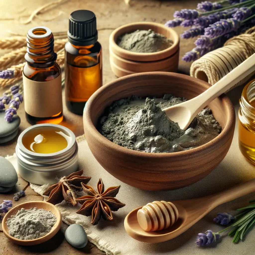 bowl with Bentonite Clay being mixed with water to form a paste, including lavender essential oil and honey, highlighting the clay's detoxifying properties.