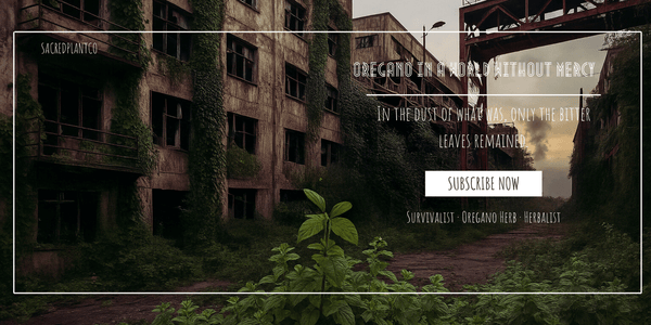 Oregano plant thriving in an overgrown post-apocalyptic ruin—symbol of herbal resilience, survivalist wisdom, and bitter healing in a world reclaimed by nature.