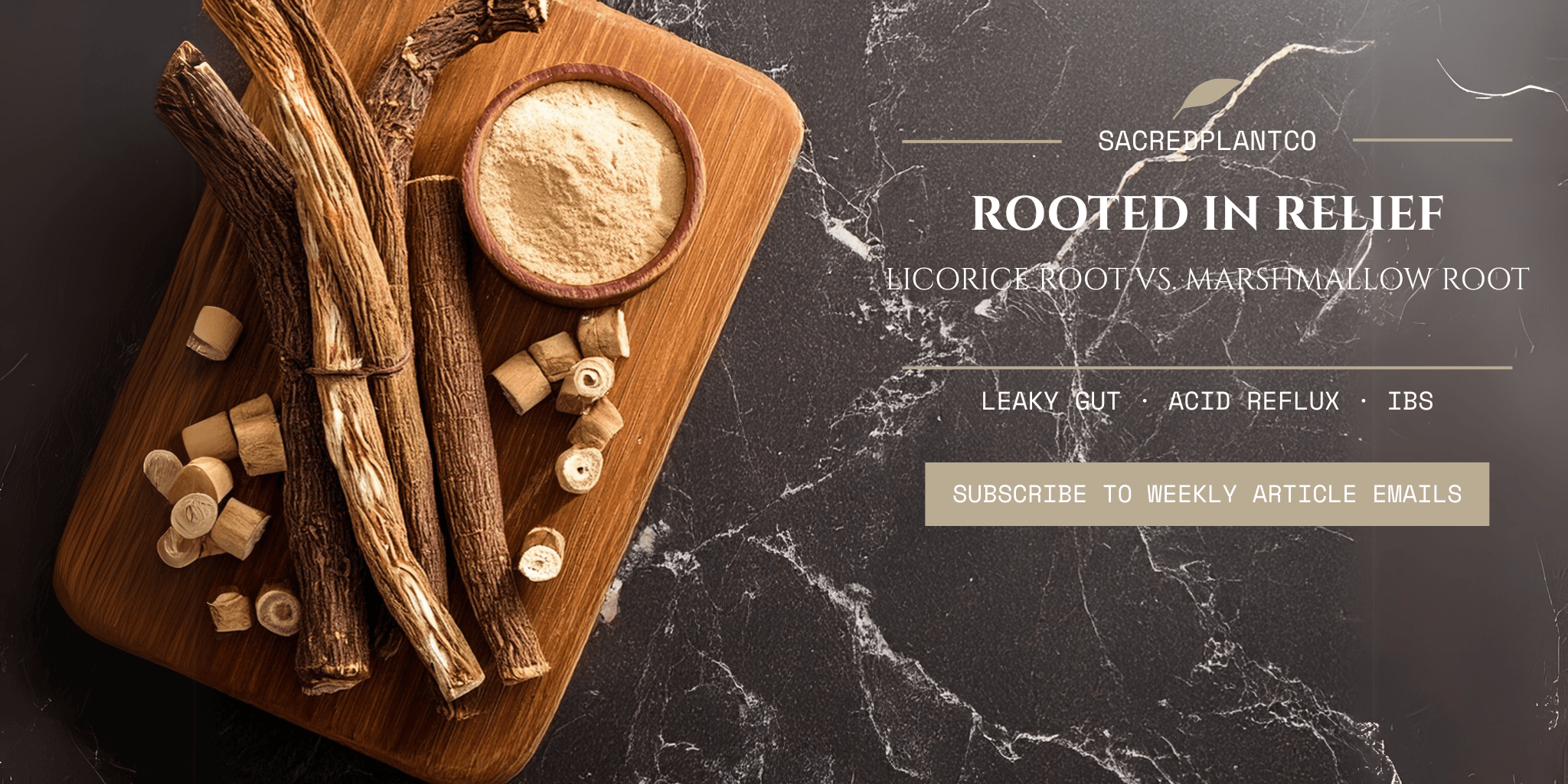 Dried Licorice Root pieces and powdered Marshmallow Root on a rustic cutting board. Set against a black marble background, this image highlights gut health benefits for acid reflux, leaky gut, and IBS.