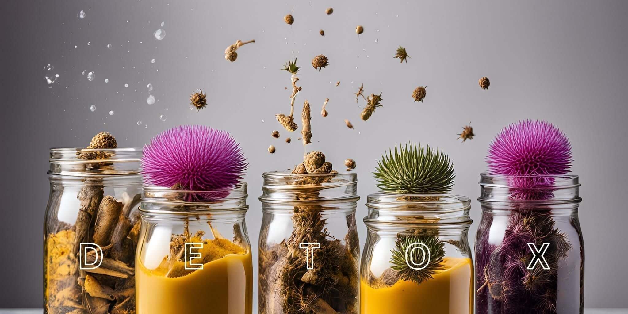 Jars with herbs and roots labeled ‘DETOX’ in bold, symbolizing natural wellness.