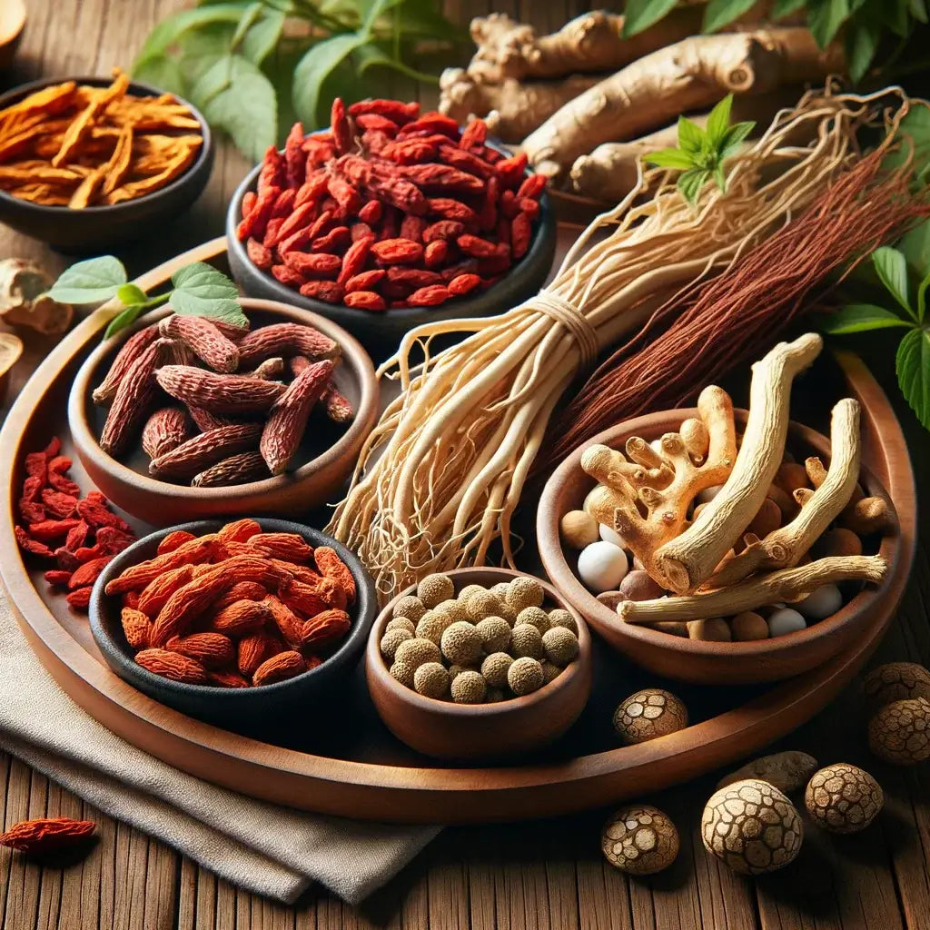 Artistic display of Traditional Chinese Medicine herbs including Ginseng, Astragalus, Goji Berries, Dang Gui, and Licorice Root in a serene and natural setting, symbolizing the holistic essence of TCM.