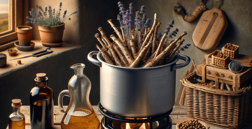 Traditional herbal preparation of Comfrey Root salve with a double boiler, beeswax, and lavender oil, depicting the crafting of a restorative herbal remedy.