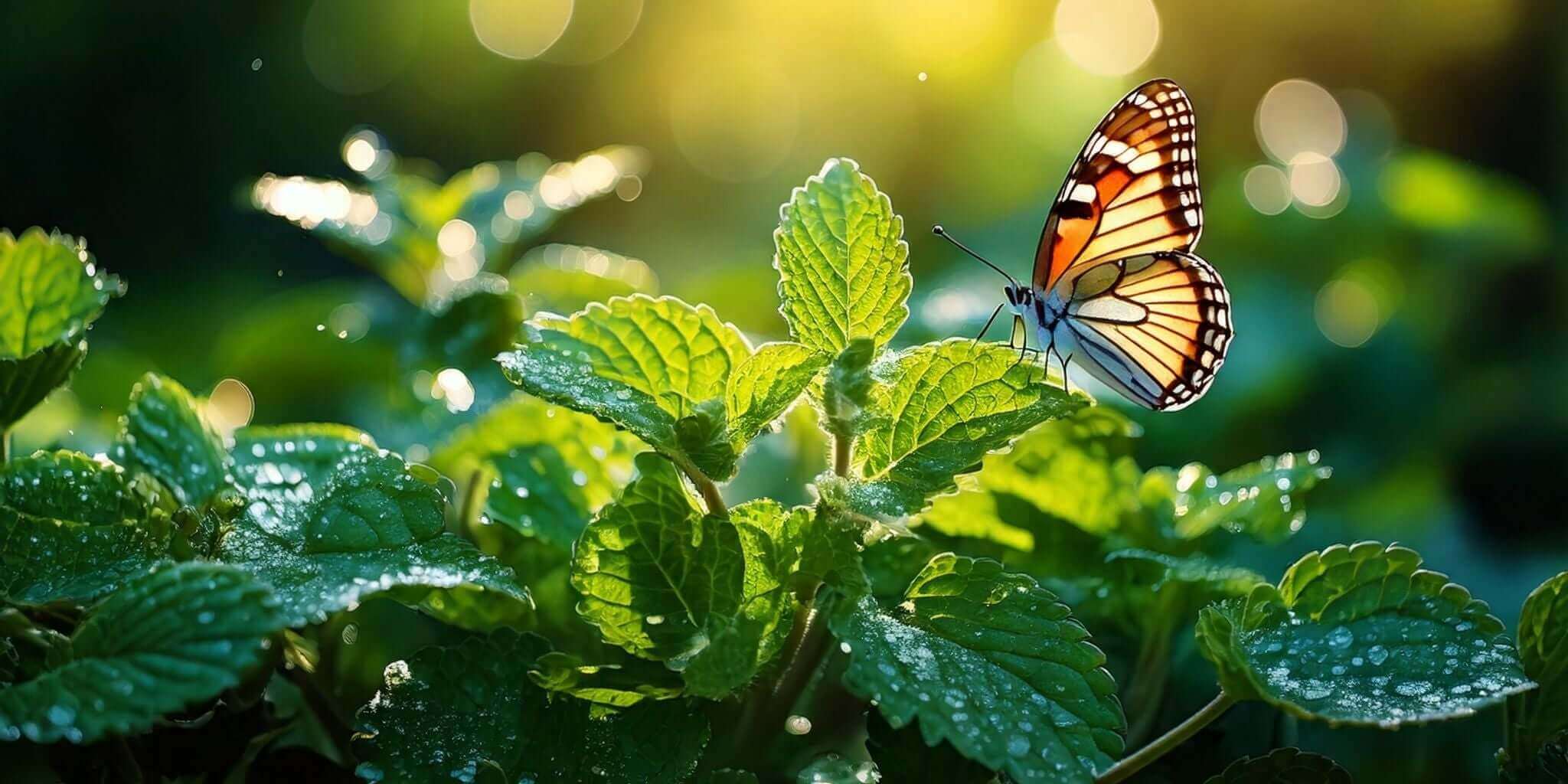 A vibrant butterfly perched on a dew-covered lemon balm plant, illuminated by warm sunlight.