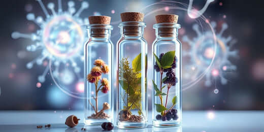 This image features a captivating arrangement of glass vials filled with vibrant herbal ingredients, such as elderberries, flowers, and leaves, symbolizing natural remedies for immune support. 