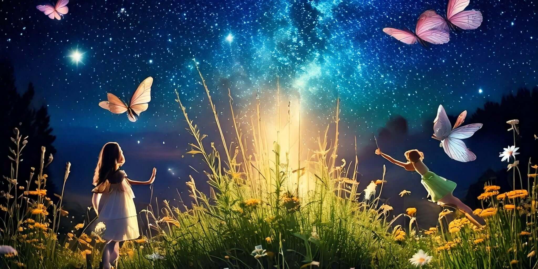 An enchanting scene of a starlit meadow, illuminated by magical glowing butterflies and children exploring a field of wildflowers. 