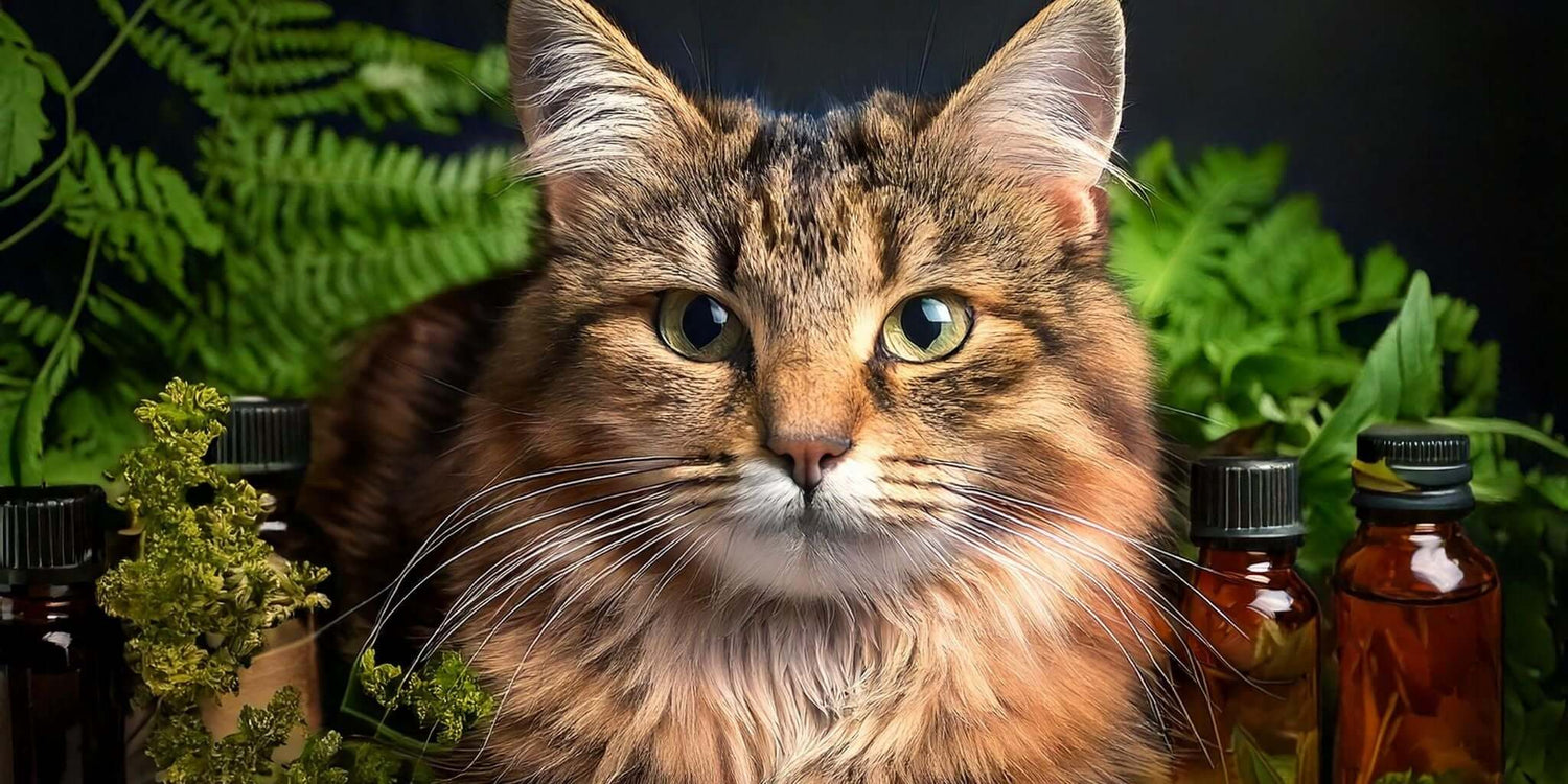 A close-up of a tabby cat surrounded by amber glass bottles of herbal extracts and fresh green foliage, symbolizing natural remedies and holistic care for pets.
