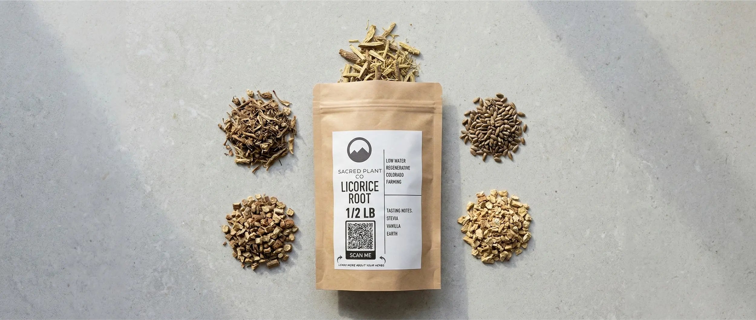 Top-down view of Sacred Plant Co Licorice Root package surrounded by the tea recipe ingredients: dried dandelion, burdock, milk thistle seeds, and ginger root.