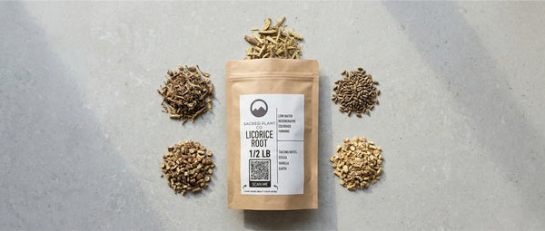 Top-down view of Sacred Plant Co Licorice Root package surrounded by the tea recipe ingredients: dried dandelion, burdock, milk thistle seeds, and ginger root.