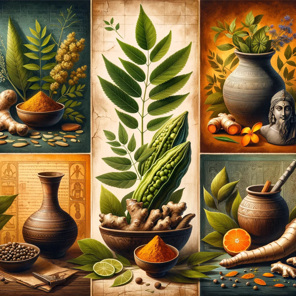 A colorful collage showcasing five Ayurvedic herbs: Moringa Oleifera, Neem Leaf, Amla, Turmeric, and Ginger. Each herb is uniquely represented within traditional Ayurvedic setting.