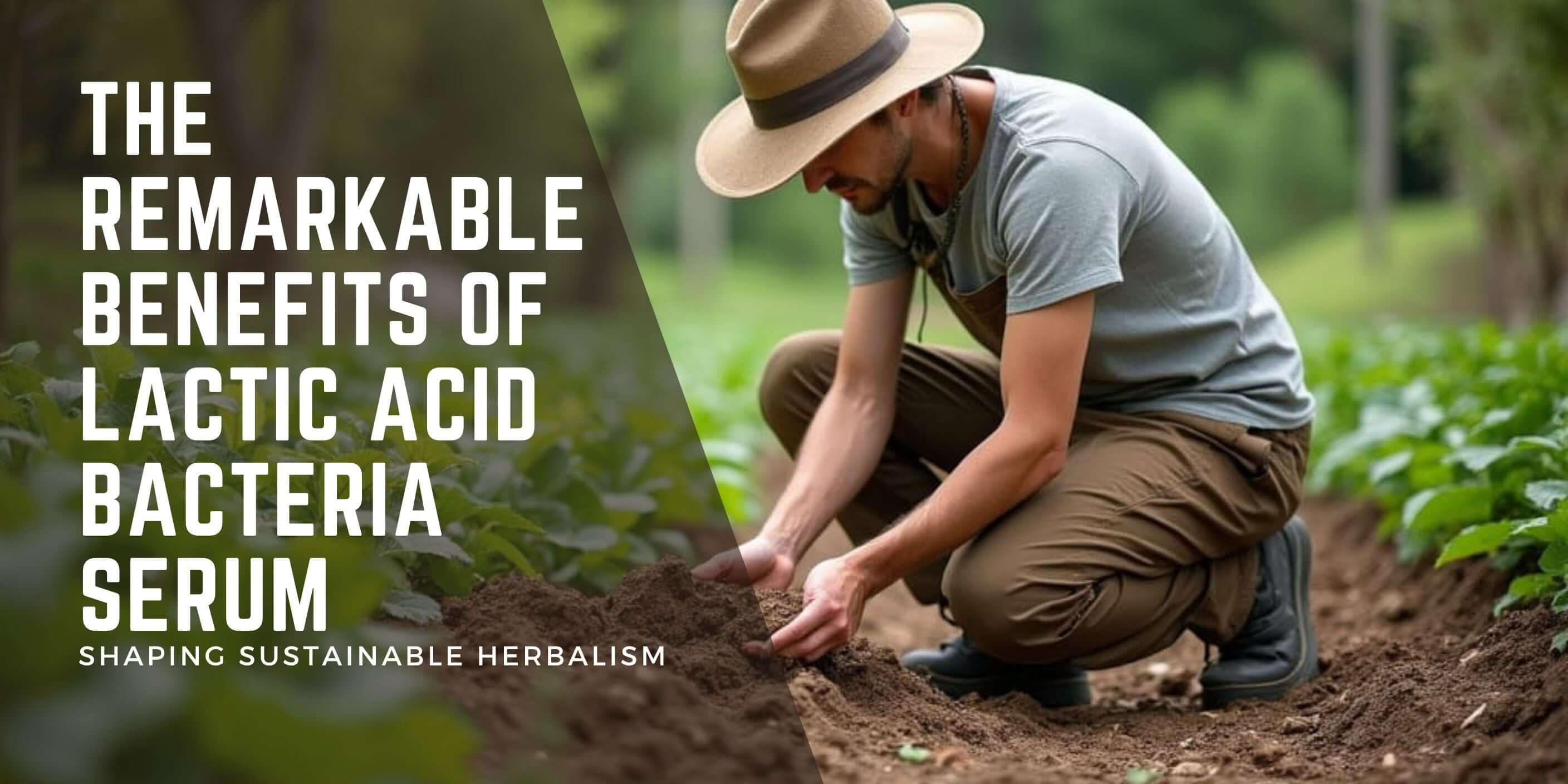 A dedicated farmer kneeling in a thriving garden, examining the rich soil, with bold text overlay highlighting "The Remarkable Benefits of Lactic Acid Bacteria Serum – Shaping Sustainable Herbalism.